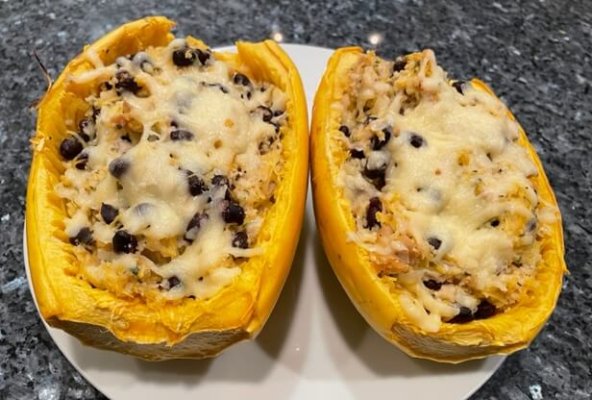 spaghetti squash boats with black beans and couscous