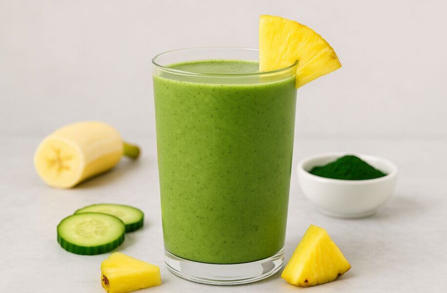Low Carb Low Cal Smoothie With Moringa, Spirulina, Chlorella, and Wheatgrass Powders