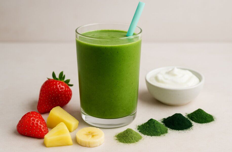 low cal low carb Super Green Tropical Berry Smoothie